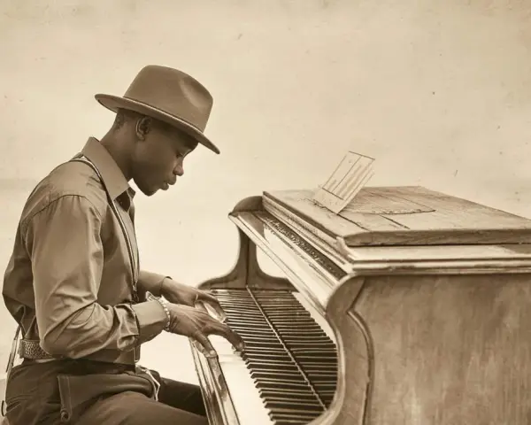 Ein Mann mit Hut spielt Klavier. Seine Finger tanzen über die Tasten, als würde er die Essenz von "was ist Jazz" einfangen.