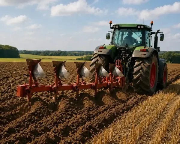 Zielony traktor z pługiem orze pole. Jaki pług do ciągnika 75km? Ten czteroskibowy radzi sobie świetnie.