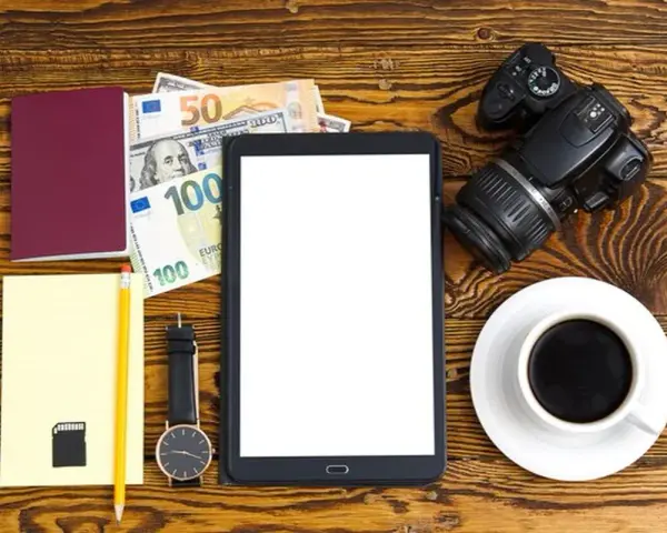 Planujesz podróż? Zastanawiasz się, ile kosztuje zdjęcie do dowodu u fotografa? Na zdjęciu paszport, pieniądze, aparat i tablet.