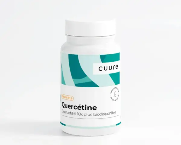 Flacon de quercétine, un complément alimentaire pour le bien-être de l'intestin.