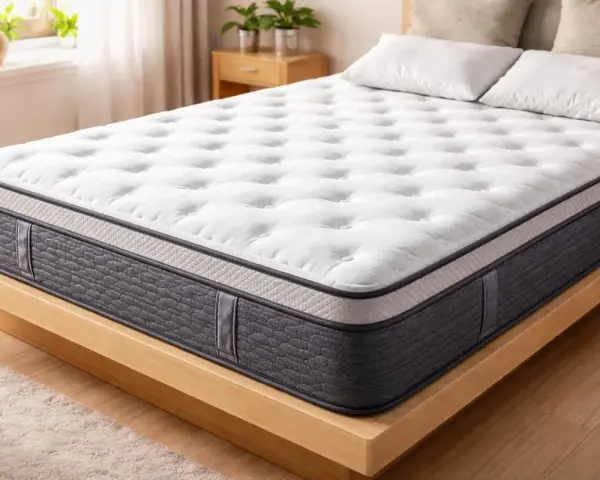 Un matelas neuf, blanc et gris, sur un sommier en bois. Parfait pour savoir si l'on peut dormir sur un matelas neuf sans attendre.