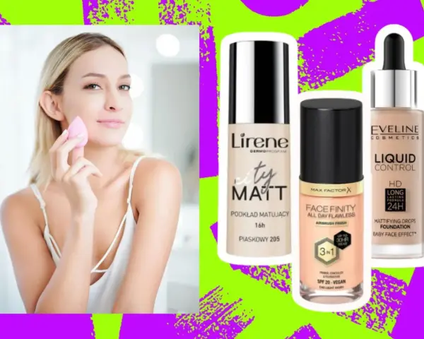 Kobieta aplikuje podkład gąbeczką. Obok trzy podkłady: Lirene City Matt, Max Factor Face Finity i Eveline Liquid Control – idealne, gdy szukasz podkładu do cery tłustej.