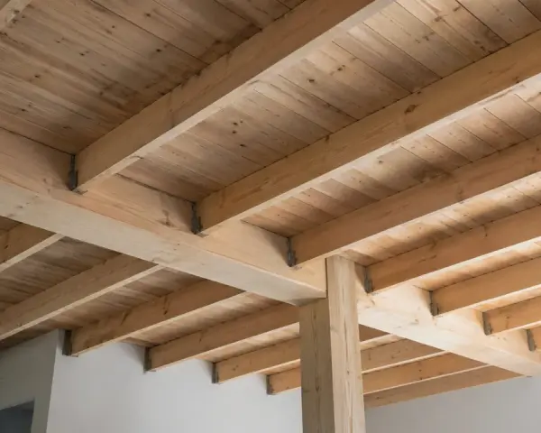 Widok na solidny dębowy strop z widocznymi belkami i deskami. Konstrukcja tworzy naturalny, ciepły klimat.