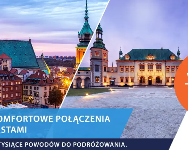 Szybkie połączenie pociągiem z Warszawy do Kielc. Widok na zabytkowe budynki obu miast.
