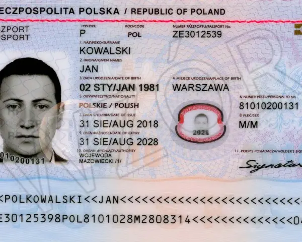 Zdjęcie polskiego paszportu z danymi osobowymi i fotografią właściciela.