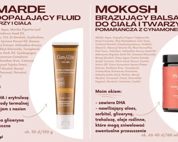 Gamarde i Mokosh: samoopalające fluidy i balsamy z dihydroxyacetone dla pięknej opalenizny.