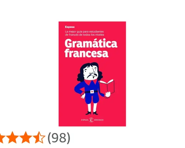 Libro "Gramática francesa" de Espasa, ideal para estudiar francés. Ilustración de un personaje leyendo un libro.