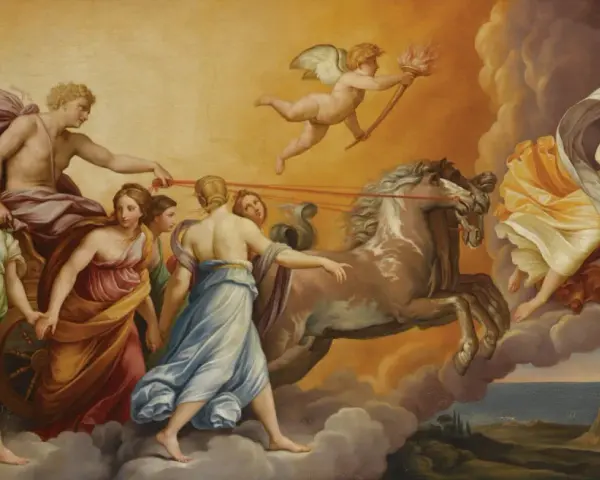 Scena inspirowana mitem o narodzinach świata wg Parandowskiego: Apollo na rydwanie, zaprzężonym w konie, prowadzi kobiety. Amor z pochodnią.