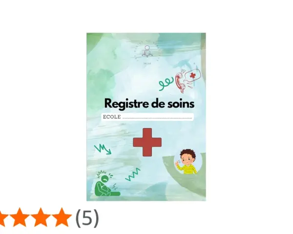 Registre de soins pour l'école, avec des icônes médicales et un enfant malade.