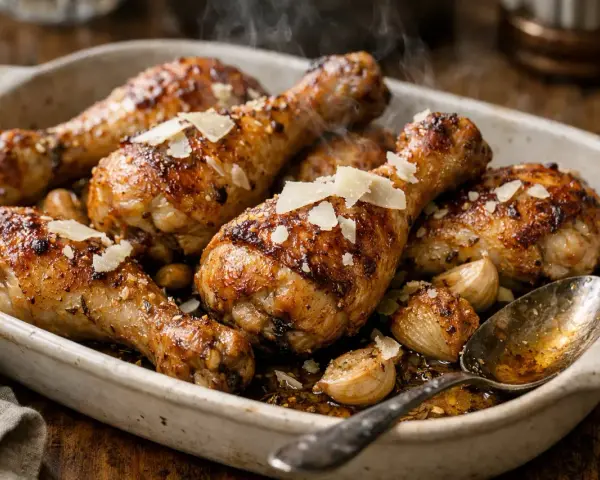 Délicieux pilons de poulet rôtis, parsemés de copeaux de parmesan et accompagnés d'ail confit, fumant dans un plat en céramique.