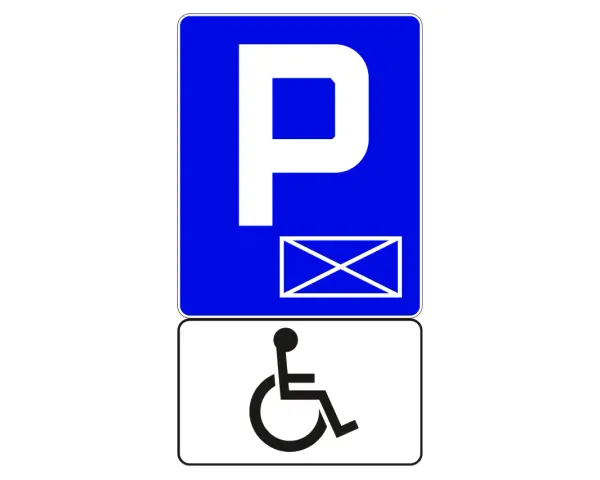 Niebieski znak "P" z kopertą i biały znak wózka inwalidzkiego. To parking dla niepełnosprawnych.