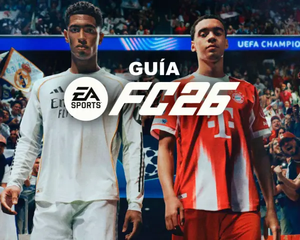 Dos futbolistas, uno con camiseta del Real Madrid y otro del Bayern Múnich, posan ante una multitud. El logo de EA SPORTS FC 26 aparece en grande.