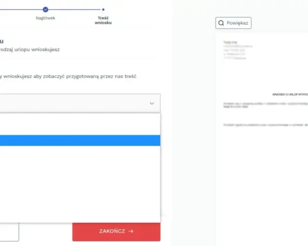 Wybieram rodzaj wniosku: urlop bezpłatny. System podpowiada treść dokumentu.