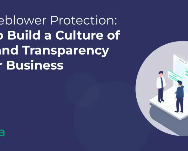 Illustration of people discussing a whistleblower policy, emphasizing trust and transparency in business.