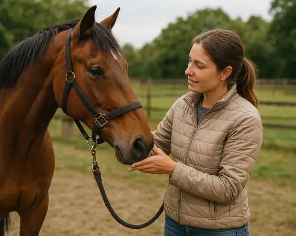 Une cavalière caresse un cheval brun, un moment de complicité qui témoigne d'un bon niveau équitation.
