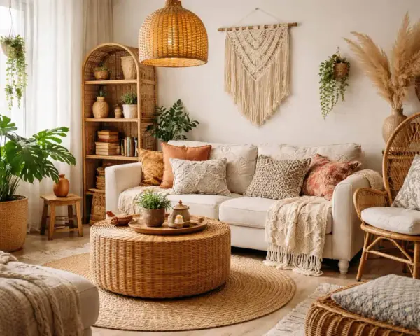 Przytulny salon w stylu boho: plecione meble, mnóstwo roślin i makrama na ścianie tworzą relaksującą atmosferę.