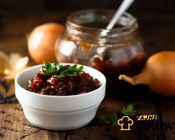 Cebulowy chutney w miseczce, obok cebuli i słoiczka. Pyszny dodatek do dań, który warto zrobić samemu.