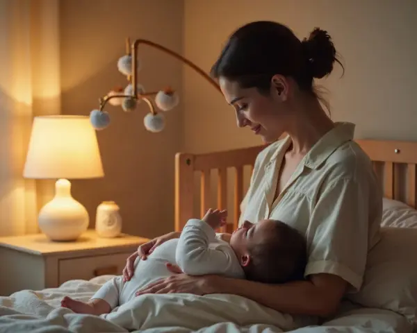 Delikatne kołysanie i czuły uśmiech mamy to klucz do tego, jak wyciszyć dziecko przed snem. Ciepłe światło lampki tworzy przytulną atmosferę.