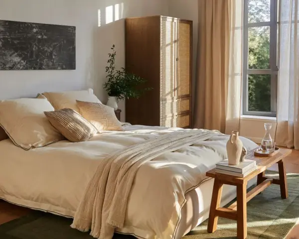 Habitación serena con cama beige, armario de madera y ventana con cortinas. Ideas decoracion habitacion: arte abstracto, plantas y luz natural.
