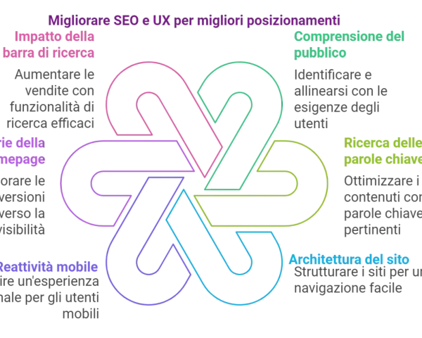 Migliorare SEO e UX per migliori posizionamenti: impatto barra ricerca, categorie homepage, reattività mobile, comprensione pubblico, ricerca parole chiave, architettura sito. Il **user experience significato** è centrale.