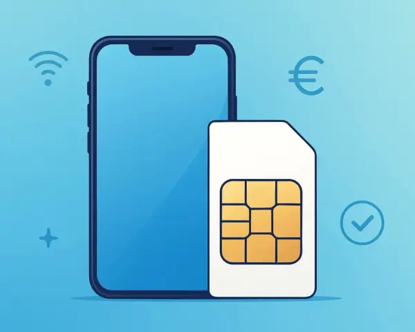 Smartphone und SIM-Karte vor blauem Hintergrund mit Icons für WLAN, Euro und Haken.