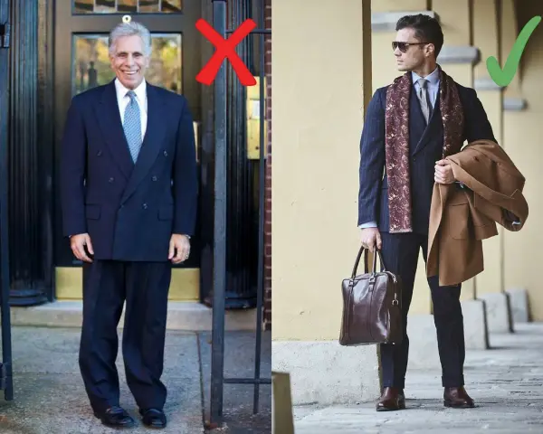 Elegancki mężczyzna w garniturze i szalu, z płaszczem w ręku, prezentuje nowoczesny styl marynarski. Obok nieudany przykład.
