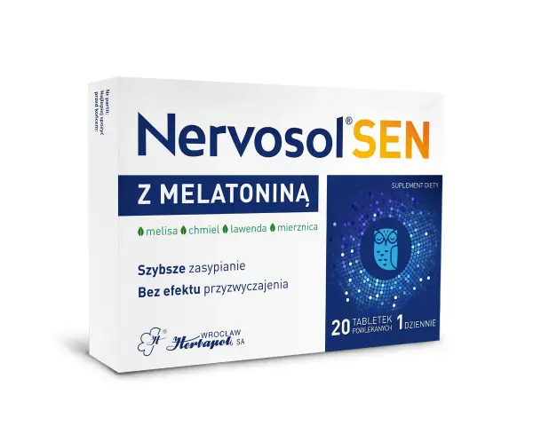Opakowanie Nervosol SEN z melatoniną, melisą, chmielem i lawendą. Wspiera szybsze zasypianie.