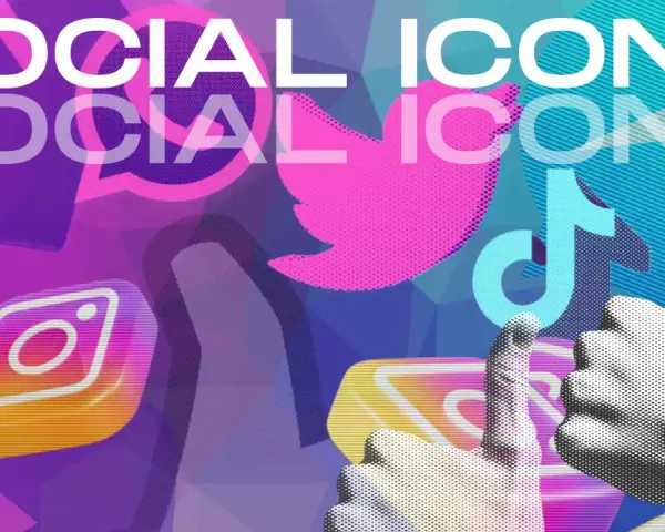 Collage mit Social-Media-Logos (Instagram, Twitter, TikTok) und Daumen-hoch-Gesten.