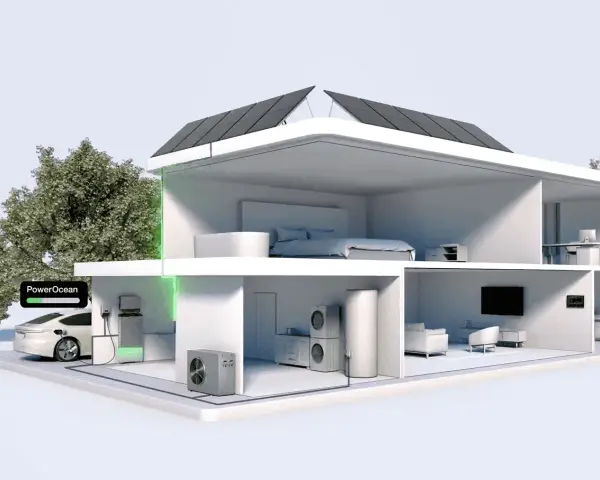 A modern smart home powered by solar energy, featuring an electric car charging, appliances, and a central control system, showcasing the internet of things in action.