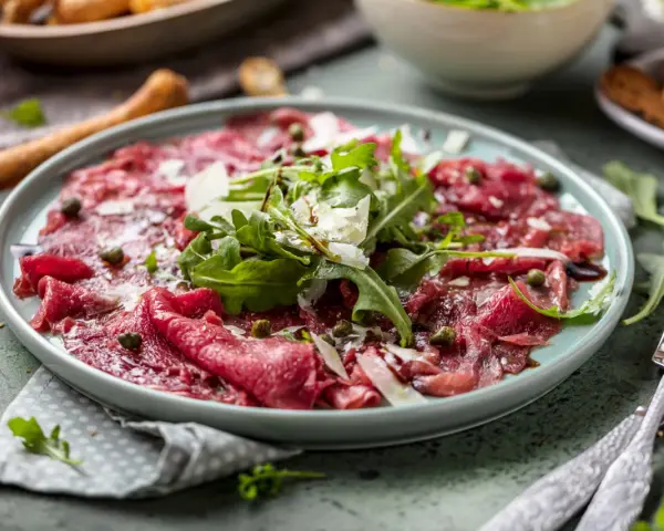 En tallrik med tunt skivad råbiff, toppad med ruccola, parmesan och kapris. Perfekt vin till carpaccio.