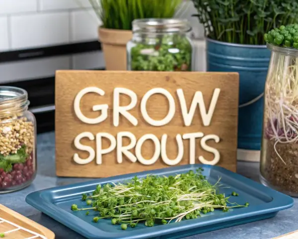 Freshly grown sprouts are displayed on a blue tray, with jars of seeds and growing sprouts in the background. The sign "GROW SPROUTS" is visible.