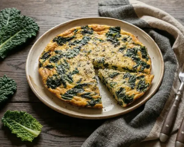 Frittata con cavolo nero, un piatto rustico e saporito, pronto per essere gustato. Accanto, foglie fresche di cavolo nero e posate d'argento.