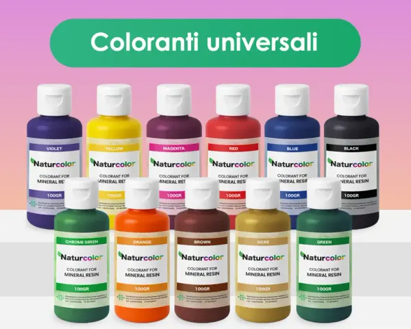 Flaconi di coloranti universali Naturcolor in varie tonalità. Non c'è una vera differenza tra colori vinilici o acrilici, sono pigmenti per resina.