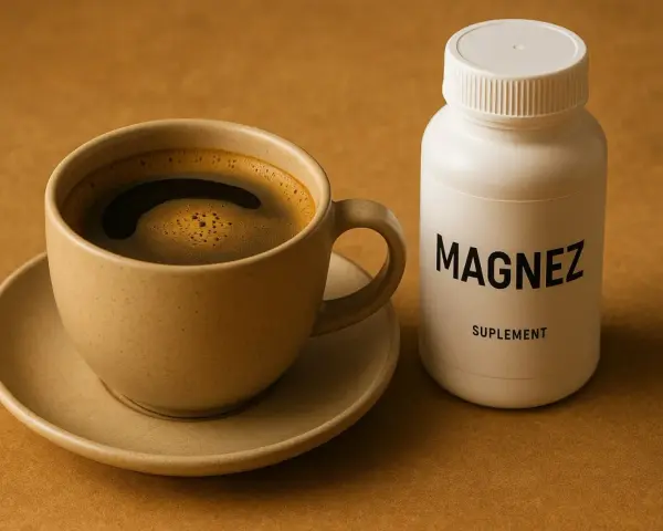 Kubek kawy i suplement magnezu. Czy kawa wypłukuje magnez? Suplementacja może pomóc.
