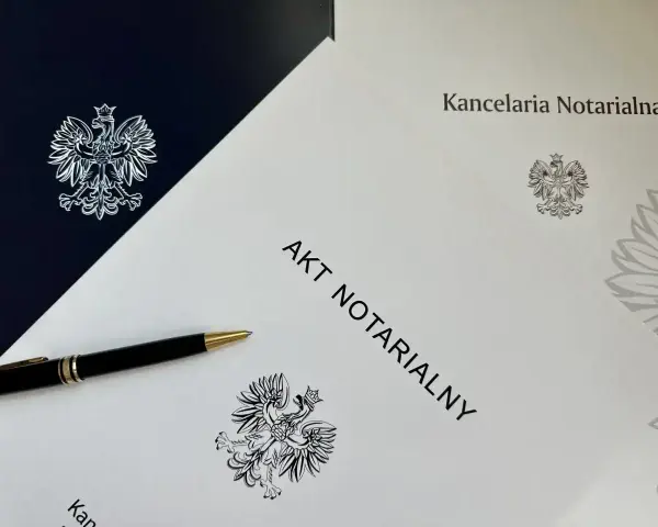 Akt notarialny z godłem Polski. Długopis czeka na podpis, który może być oświadczeniem o poddaniu się egzekucji.