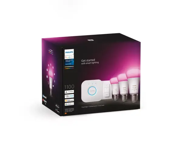 Philips Hue-paket med brygga, dimmer och tre färgade ljus. Styr belysningen enkelt, även med en Philips Hue timer.