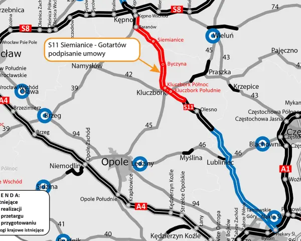 Mapa drogowa z zaznaczonym odcinkiem S11 Siemianice - Gotartów w realizacji. Widoczne są drogi krajowe i autostrady.
