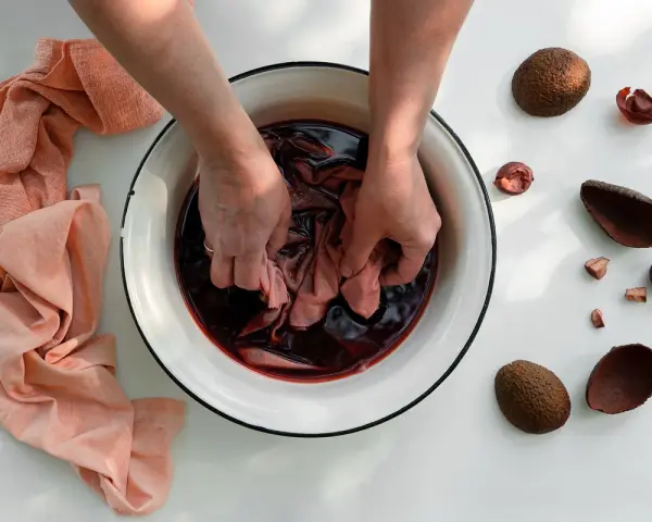 Mani che tingono tessuti in una bacinella con liquido scuro, circondata da bucce di avocado. Un processo naturale per come tingere i tessuti.