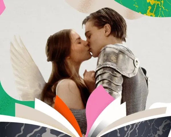 Julia och Romeo kysser varandra, omgivna av färgglada former och en öppen bok.