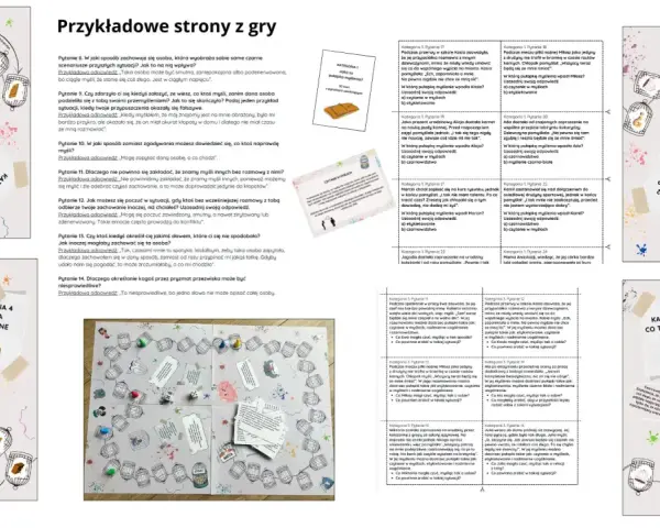Gra planszowa z pytaniami o pułapki myślenia, np. czytanie w myślach. Plansza zawiera klatki z pytaniami i ilustracje.
