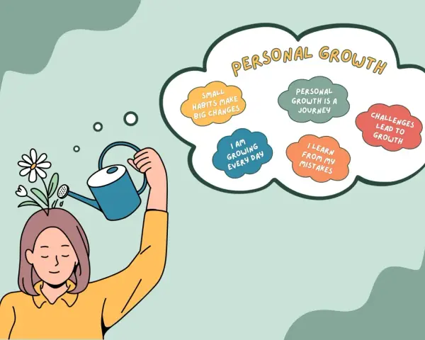 A person waters a flower growing from their head, symbolizing a mindset shift towards personal growth.