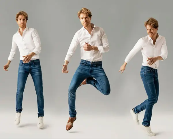 Uomo con camicia bianca e jeans blu, in diverse pose dinamiche. Il taglio tapered fit dei jeans valorizza la figura.