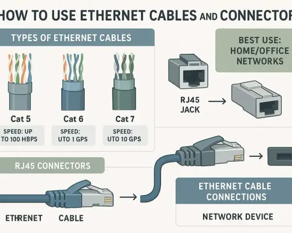 Ilustracja pokazuje różne typy kabli Ethernet (skrętka) Cat 5, 6, 7, złącza RJ45 i ich zastosowanie w sieciach domowych/biurowych.