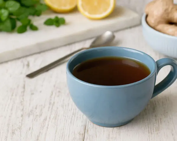 Une tasse de tisane pour mal de gorge, avec du gingembre, du citron et de la menthe à proximité.