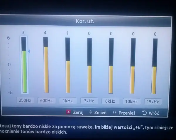 Gotowe ustawienia equalizera. Suwak dla 250Hz jest ustawiony na 3, wzmacniając niskie tony.