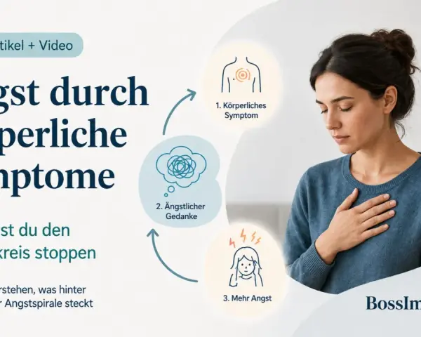Frau mit Hand auf der Brust, die einen Teufelskreis aus körperlichen Symptomen, ängstlichen Gedanken und mehr Angst zeigt. Eine Gedankenstopp-Technik kann helfen.