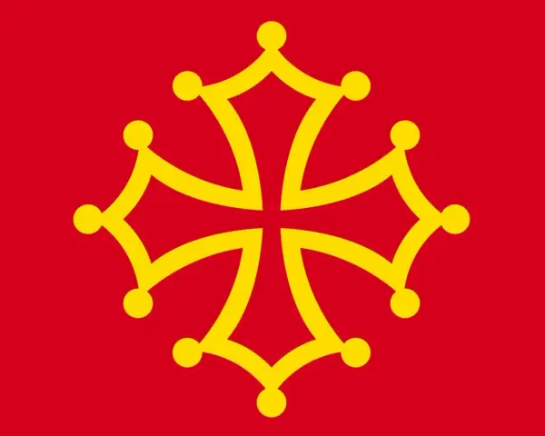 Bandera roja con una cruz amarilla de Occitania, símbolo de la lengua de oil hablada en regiones de Francia.