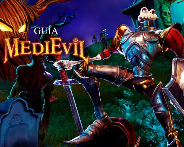 Guía MediEvil PS4: un caballero esquelético con armadura lucha contra zombis en un cementerio espeluznante.