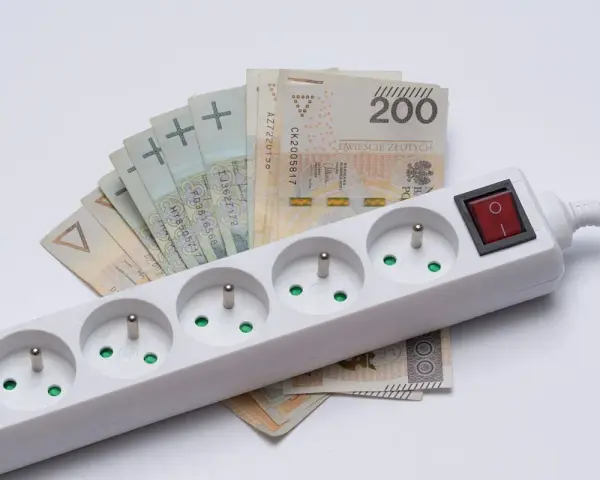 Pieniądze leżą pod listwą z gniazdkami, symbolizując zamrożenie cen prądu.
