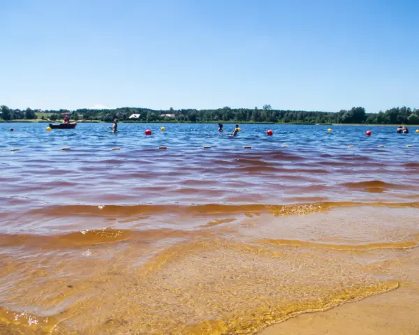 Słoneczny dzień nad zalewem. Ludzie kąpią się, pływają łódką, a czerwone i żółte boje wyznaczają bezpieczną strefę.
